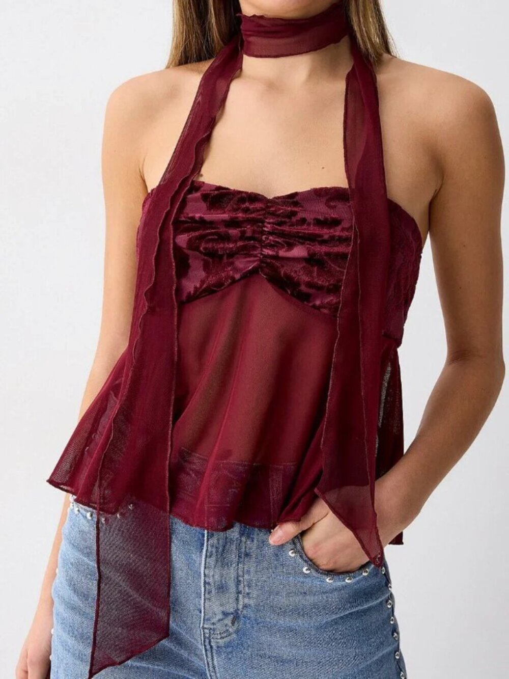 Pretty Garbage 2-Piece Set: Flocked flowers mesh scarf and tube top set